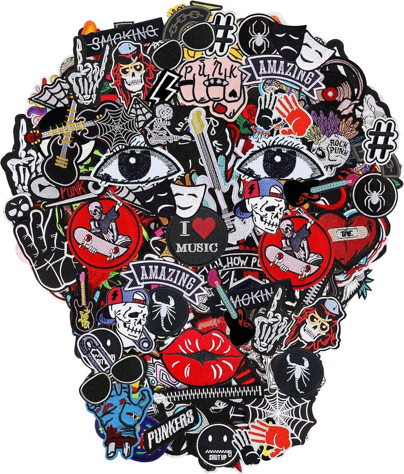 Meneng Embroidered Patches Iron-on Appliques: 30pcs Assorted Cool Punk Embroidery Sew-on Patch for Jackets Clothing - Image 1